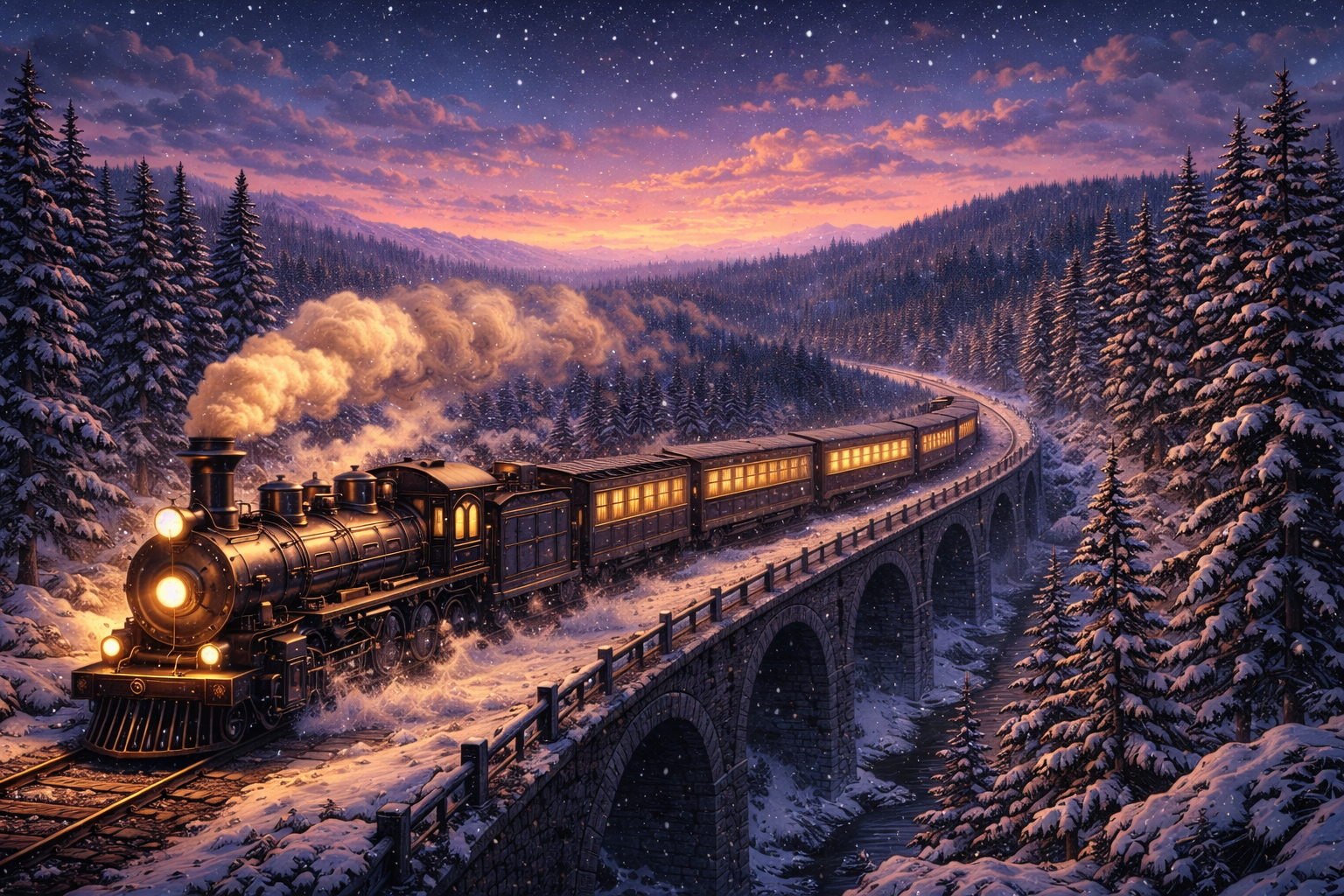 Train steampunk avec un ciel étoilé