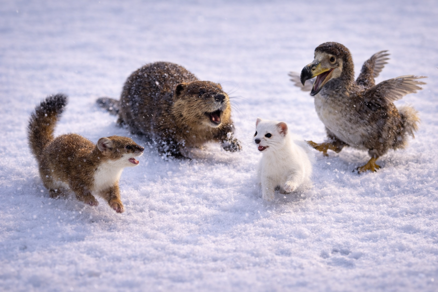 La Fouine, Le Castor, L'Hermine et Le Dodo dans la neige